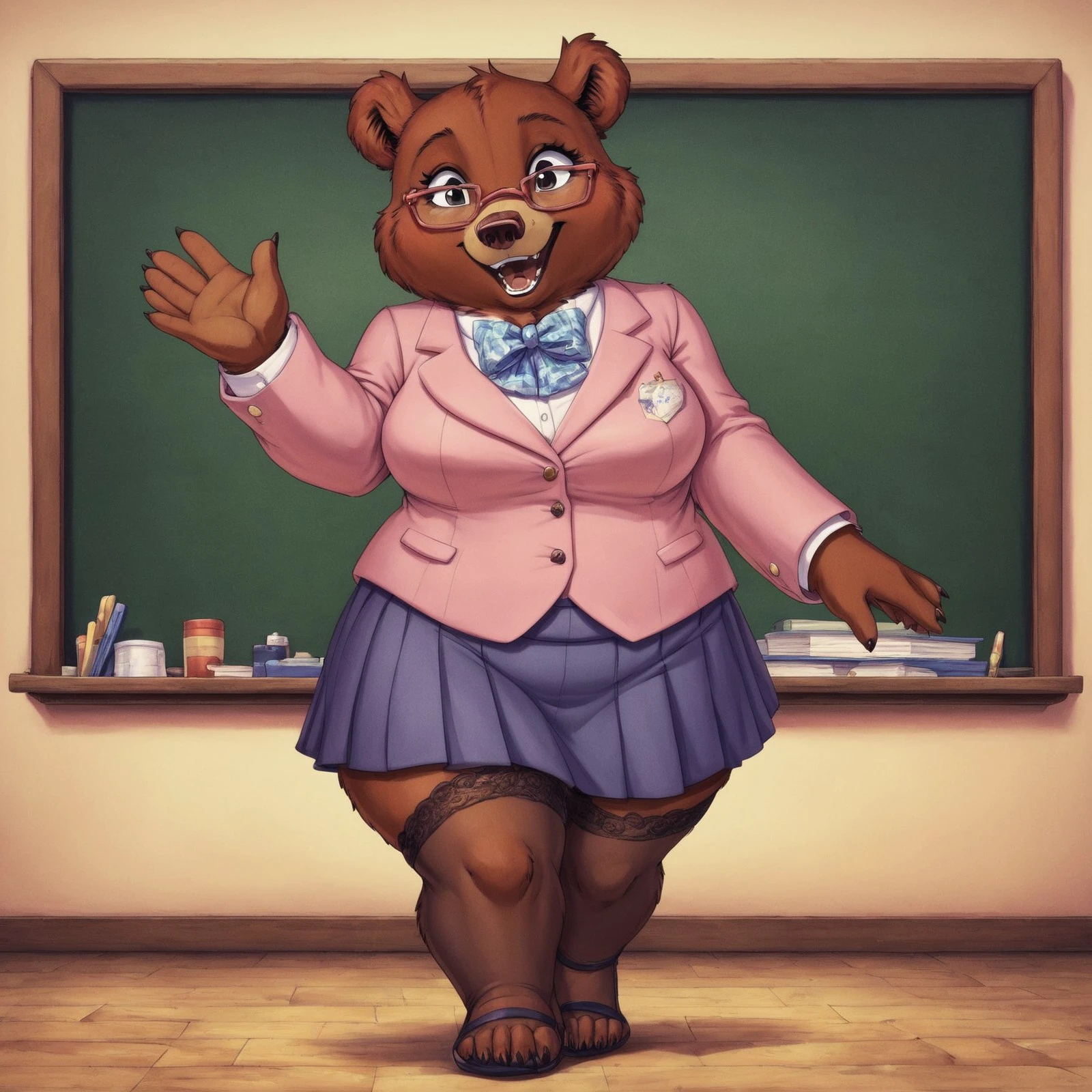 Solo, female, standing, school, chalkboard, librarian glasses, hair bun, necklace, dress shirt, corduroy pants, grizzly bear, big breasts, cleavage, by bebebebebe, by lostgoose, by goonie-san, chubby, mature female, old, milf, muffintop,