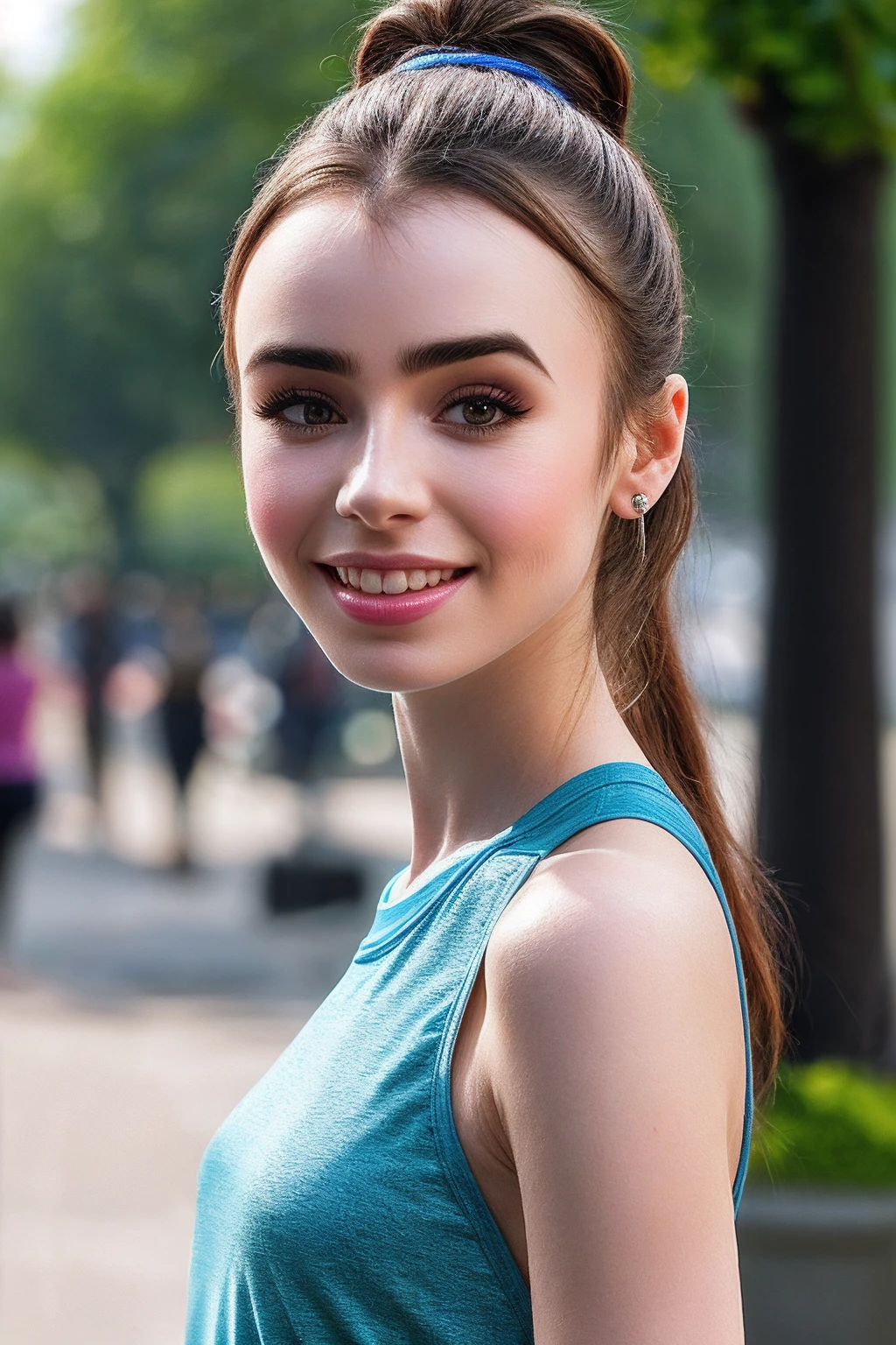 LilyC_SoloTI_v1, PA7_Portrait-MCU,
(happy,smile,teeth),
(Athletic leggings paired with a moisture-wicking tank top and supportive sports bra, adorned with a fitness tracker and headphones, ponytail secured with a colorful scrunchie), (Busy urban park bustling with joggers and cyclists, the rhythmic thud of footsteps on pavement, the sound of birds chirping in nearby trees, the scent of freshly cut grass perfuming the air: 1.3), (seductive:1.3),photorealistic, masterpiece, high quality, artistic, unique, award winning photograph, professional, 8k, RAW photo, best quality,flattering,
<lora:add_detail:0.8>,<lora:LowRa:0>