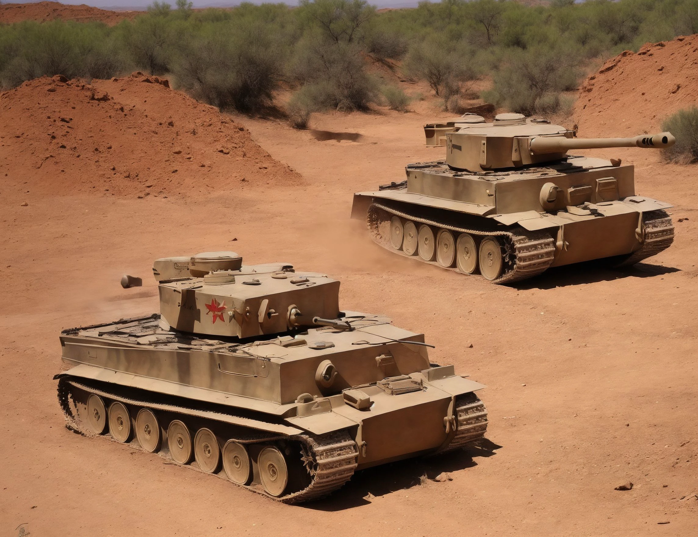 tiger tank,a kngtgrtnk tank is driving through the north african desert along a coastal road passing camel drivers and a small oasis,((pulp_comic, heavy_lines, hand_drawn, hand_inked, hand_colored, apxlz)),<lora:tiger tank:0.8>,