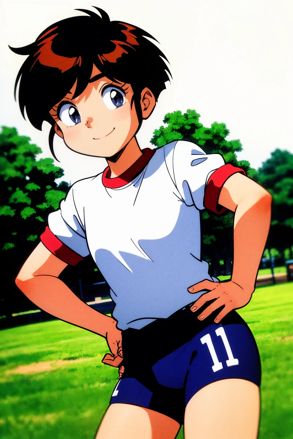 masterpiece, best quality,
1girl, isamihanaoka, brown hair, short hair, blue eyes,
gym uniform, shirt, buruma, hands on hips, smile, standing, solo, looking at viewer, outdoors, park background <lora:IsamiHanaoka:1>