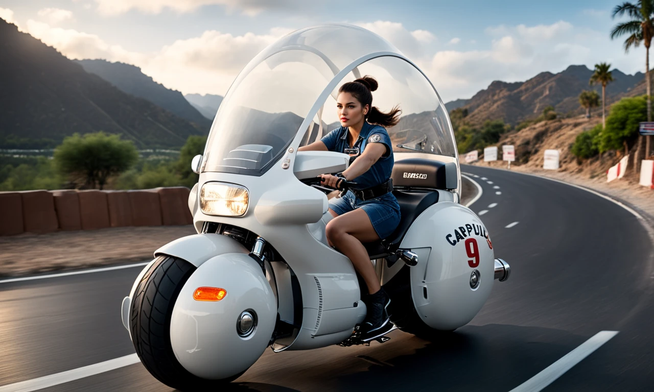 cinematic still of woman driving large round motorcycle with a windshield, best quality, highly detailed, bokeh, <lora:cap9motosdxl:0.8>, black simple background, text "Capsule 9", beautiful landscape, cinematic lighting,