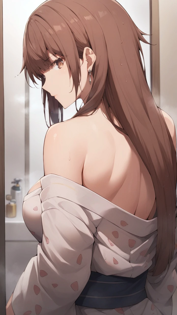 score_9, score_8_up, score_7_up, source_anime,
1girl, solo, bathroom, bath, steam, from behind, upper body, yukata, bare shoulders, looking at viewer, mirror,
<lora:emilia_ludwell_v2-soralz:1>, emilia_ludwell, brown hair, long hair, straight hair, (brown eyes:1.4), bangs, breasts, earrings,