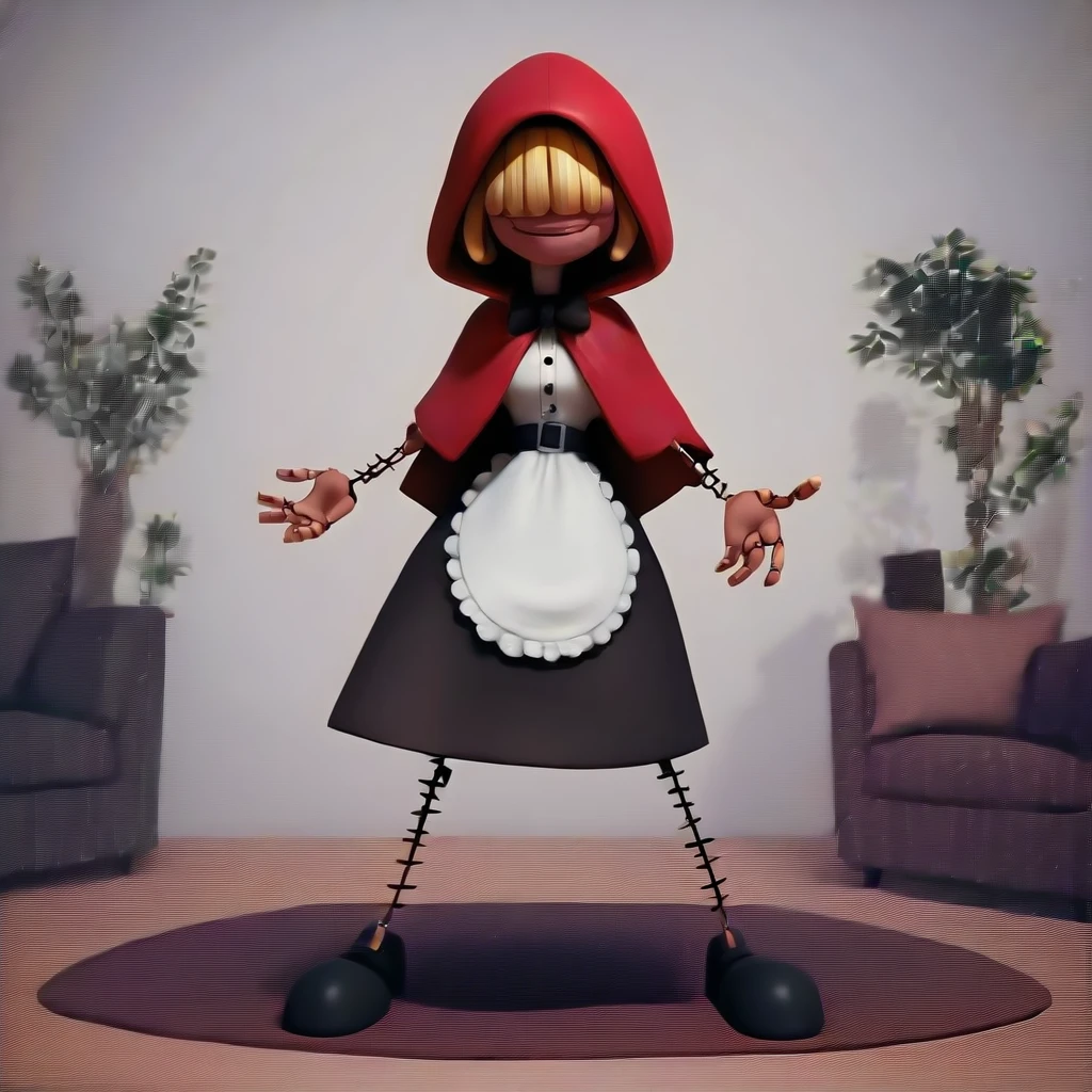 score_9, score_8_up, score_7_up, score_6_up, score_5_up, score_4_up, rating_safes,source_3d,scene from pixar,1girl,solo,red hood,dress,apron,bowtie,belt,blonde hair,hair over eyes,shaded face,stitches,:3 smug,full body,standing,idnoors,living room,<lora:ChaperomonXL:0.9>,