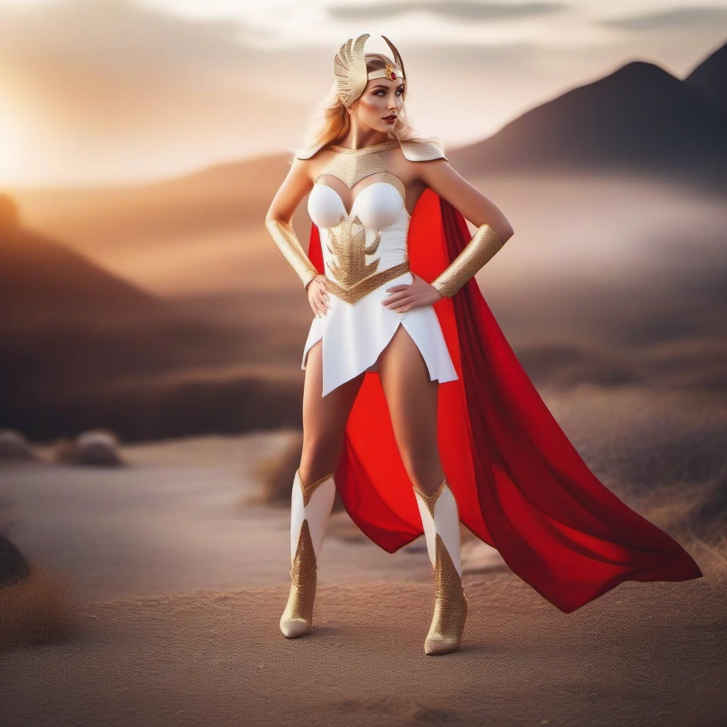 cinematic photo a full body woman dressed in a white costume,white miniskirt, golden headband, red cape, fantasy background <lora:She-ra-1024:0.8> . 35mm photograph, film, bokeh, professional, 4k, highly detailed
