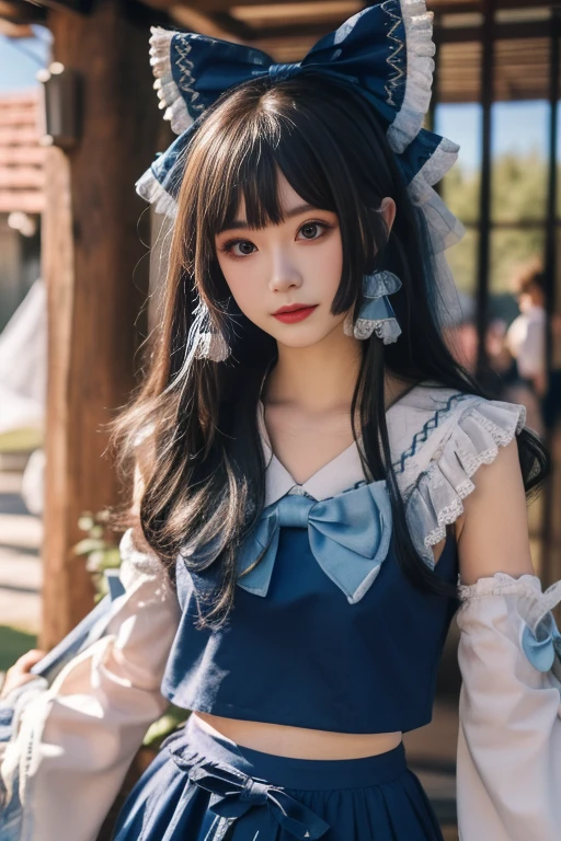 ltra-detailed,highly detailed,best quality,masterpiece,illustration,realistic,photorealistic,
reimu, hakurei reimu \(cosplay\), hakurei reimu, 
1girl, solo, cosplay, 
kimono, detached sleeves, wide sleeves, long sleeves, frilled sleeves, ribbon-trimmed sleeves, dress, skirt set, blue theme clothes,
bow, frills, ribbon trim, frilled bow, 
long hair,  bangs, hair bow, hair tubes, 
looking at viewer, upper body, 
 <lora:reimu_v2_05:1.0>