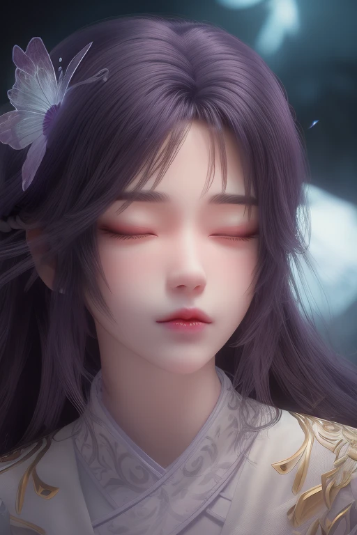 <lora:ZWyunxi:1>,yunxi,1girl,closed eyes,(hair ornament:1.3),long hair,purple hair,dress,upper body,aotori,bird,white dress,solo,(light:1.2),closed mouth,glowing,mew,fantasy,<lora:Detail Tweaker LoRA (ç»èè°æ´):0.4>,black background,, best quality , masterpiece, illustration, an extremely delicate and beautiful, extremely detailed ,CG,unity,8k wallpaper, Amazing, finely detail, masterpiece, best quality,official art,extremely detailed CG unity 8k wallpaper,absurdres, incredibly absurdres, huge filesize , ultra-detailed, highres, extremely detailed,beautiful detailed girl, extremely detailed eyes and face, beautiful detailed eyes,light on face,