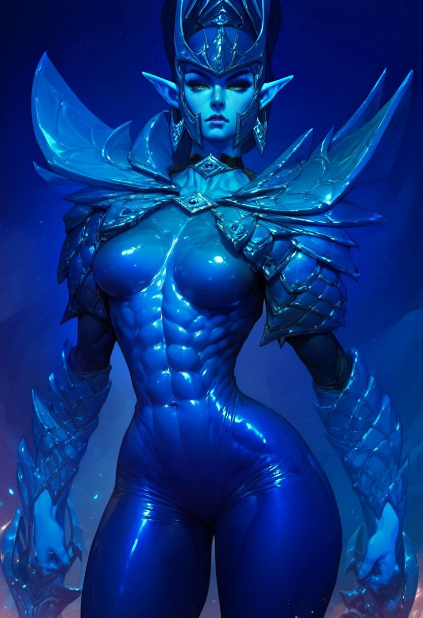 score_9, score_8_up, score_7_up , muscular beautiful phantom assasin , 
armor, bodysuit, pointy ears, blue skin, seductive pose, abs ,narrow waist, shiny body, oiled body, jewelry, choker,fantasy,standing