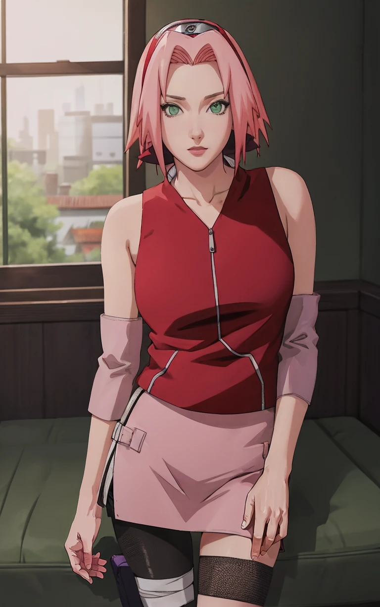 NARUTO_Sakura_Combat_ownwaifu,
1girl, haruno sakura, short hair, pink hair, green eyes, hair intakes, collarbone, forehead protector, headband, red hairband, konohagakure symbol,
bare shoulders, bandages, sleeveless jacket, red jacket, bike shorts, black shorts, leg wrap, bandaged leg, elbow pads, zipper,
<lora:NARUTO_SakuraHaruno_ownwaifu:0.9> ,
((masterpiece)),((best quality)),(highres, absurdres), original, official_art, bokeh, depth_of_field, wisteria, loaded_interior, potted_plant, window_shade, indoors, spotlight, night, focused, looking at viewer, solo, cowboy shot,