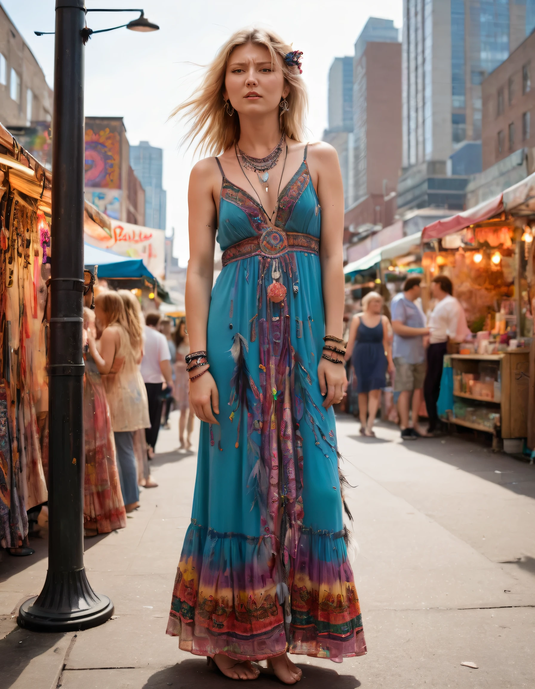 Amidst the chaos of the bustling street market with its vibrant skyline backdrop adorned by neon signs from diverse cultures, Dasha stood out in her bohemian maxi dress that seemed to dance along with her, embroidered with intricate handcrafted beads and feathers, her graceful pose leaning forward against a lamppost, her arm draping over the railing of a nearby vintage-style stall, inviting onlookers into a world full of friendly invitation and carefree spirit. <lora:rnpxuq18f20eee557m67:1>