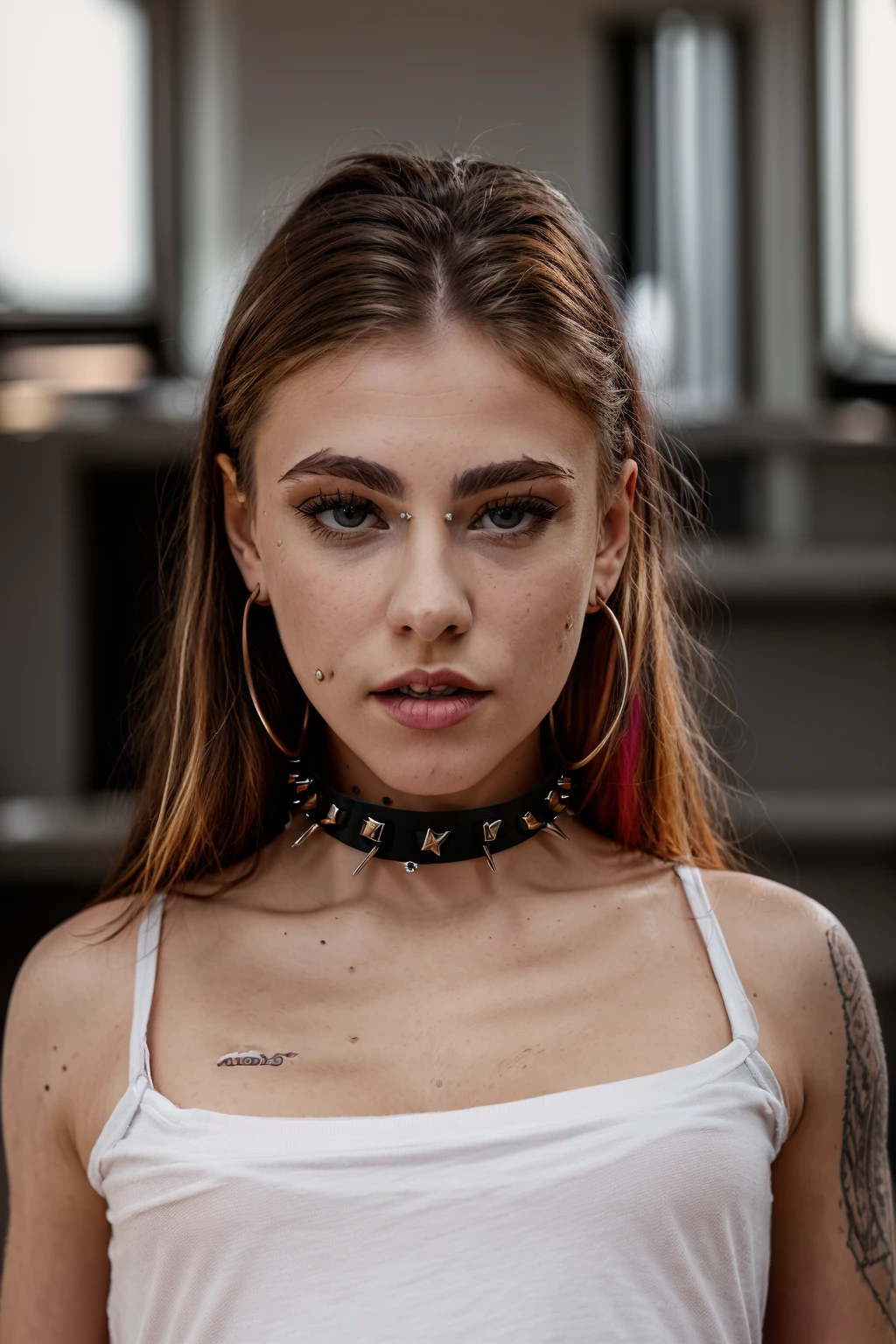 <lora:DalilaDark:0.8>, full color portrait of a young woman, wearing a shirt and a spike choker, natural light, RAW photo, subject, 8k uhd, dslr, soft lighting, high quality, film grain, Fujifilm XT3