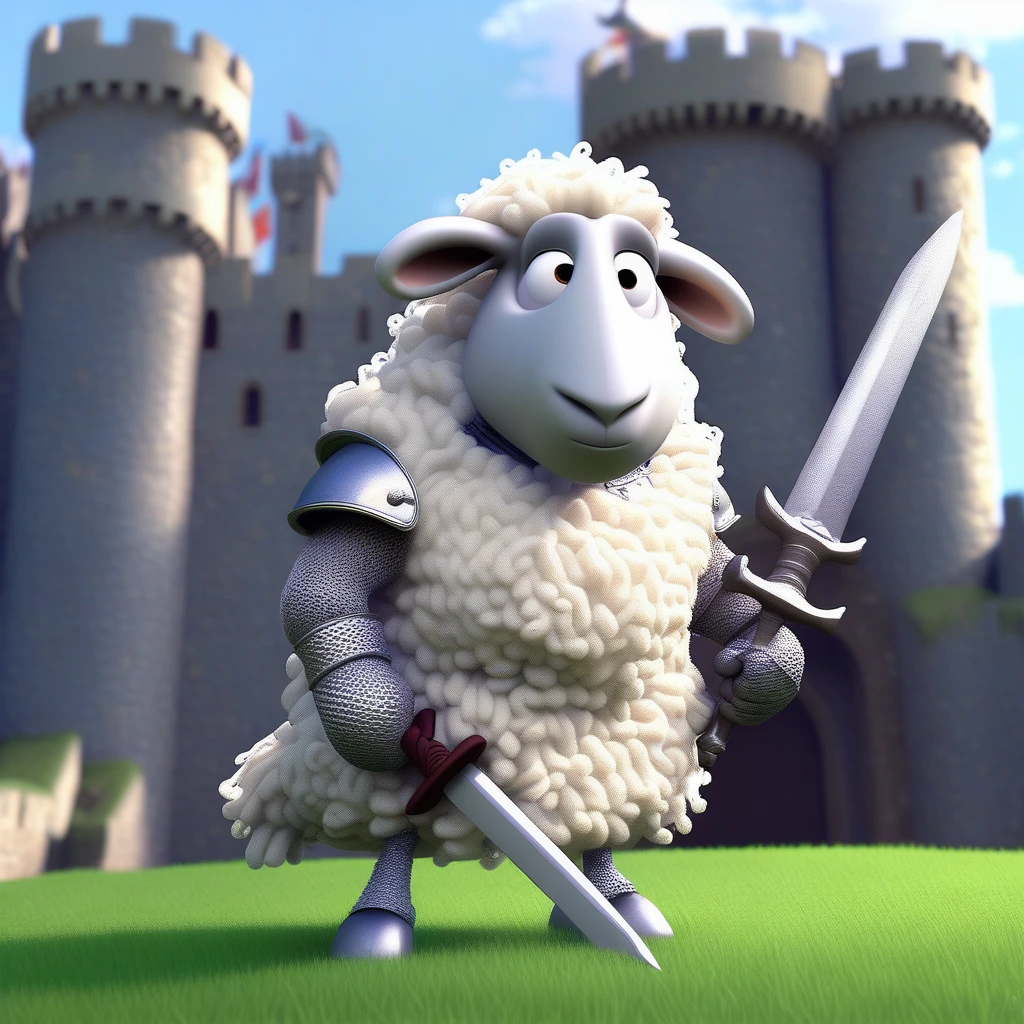 knight sheep with a big sword, in front of a castle, pixar