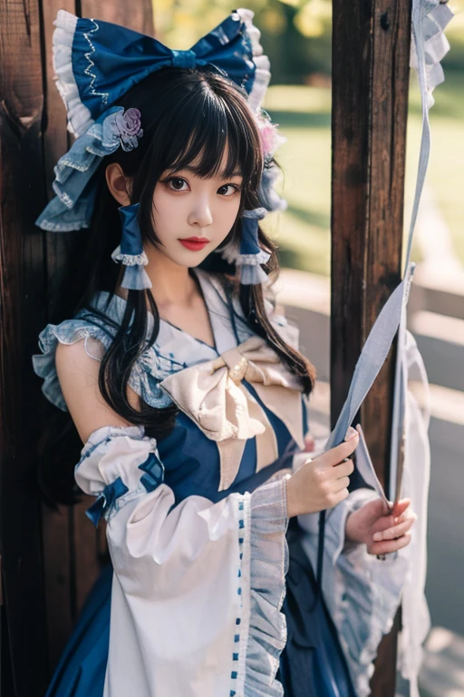 ltra-detailed,highly detailed,best quality,masterpiece,illustration,realistic,photorealistic,
reimu, hakurei reimu \(cosplay\), hakurei reimu,
1girl, solo, cosplay,
kimono, detached sleeves, wide sleeves, long sleeves, frilled sleeves, ribbon-trimmed sleeves, dress, skirt set, blue theme clothes,
bow, frills, ribbon trim, frilled bow,
long hair, bangs, hair bow, hair tubes,
looking at viewer, upper body,
<lora:reimu_v2_05:0.9>