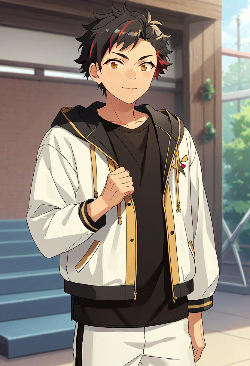 score_9, score_8_up, score_7_up, masterpiece, best quality, solo, cute, male focus,Tetora Nagumo, multicolored hair, black hair, yellow eyes eyes, black  with white jacket, black shirt, white pants<lora:EMS-362379-EMS:1.000000>