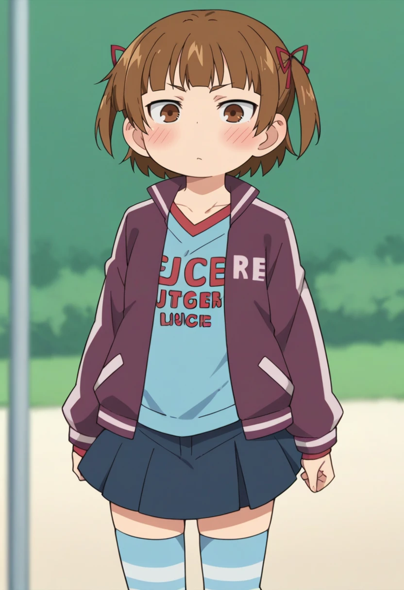 score_9, score_8_up, score_8, source_anime, <lora:MitsubaMarui:0.85> 1girl, brown hair, brown eyes, solo, twintails, short twintails, short hair, hair ribbon, jacket, clothes writing, purple jacket, blue shirt, blue skirt, striped thighhighs, blush, stupid
beach background, blurry background,