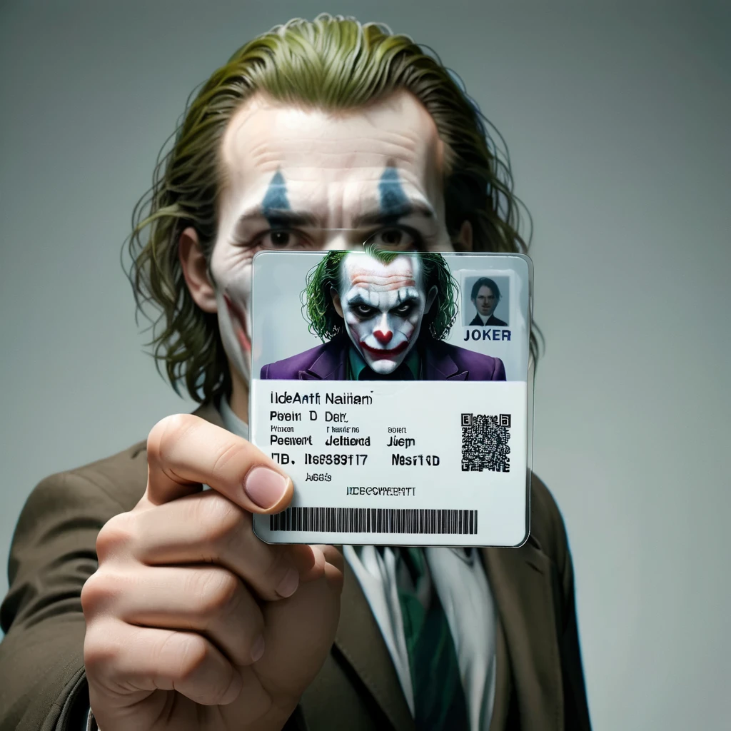 a joker holding a id card,<lora:seemycard3:0.85>
