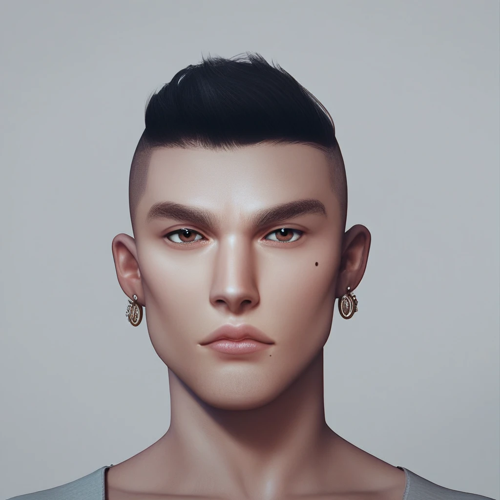 vpzdxizz, solo, jewelry, earrings, male focus, 1boy, brown eyes, mole, looking at viewer, realistic, short hair, black hair, portrait, very short hair, lips, collarbone, grey background,score_9, score_8_up, score_7_up, score_6_up, score_5_up, score_4_up