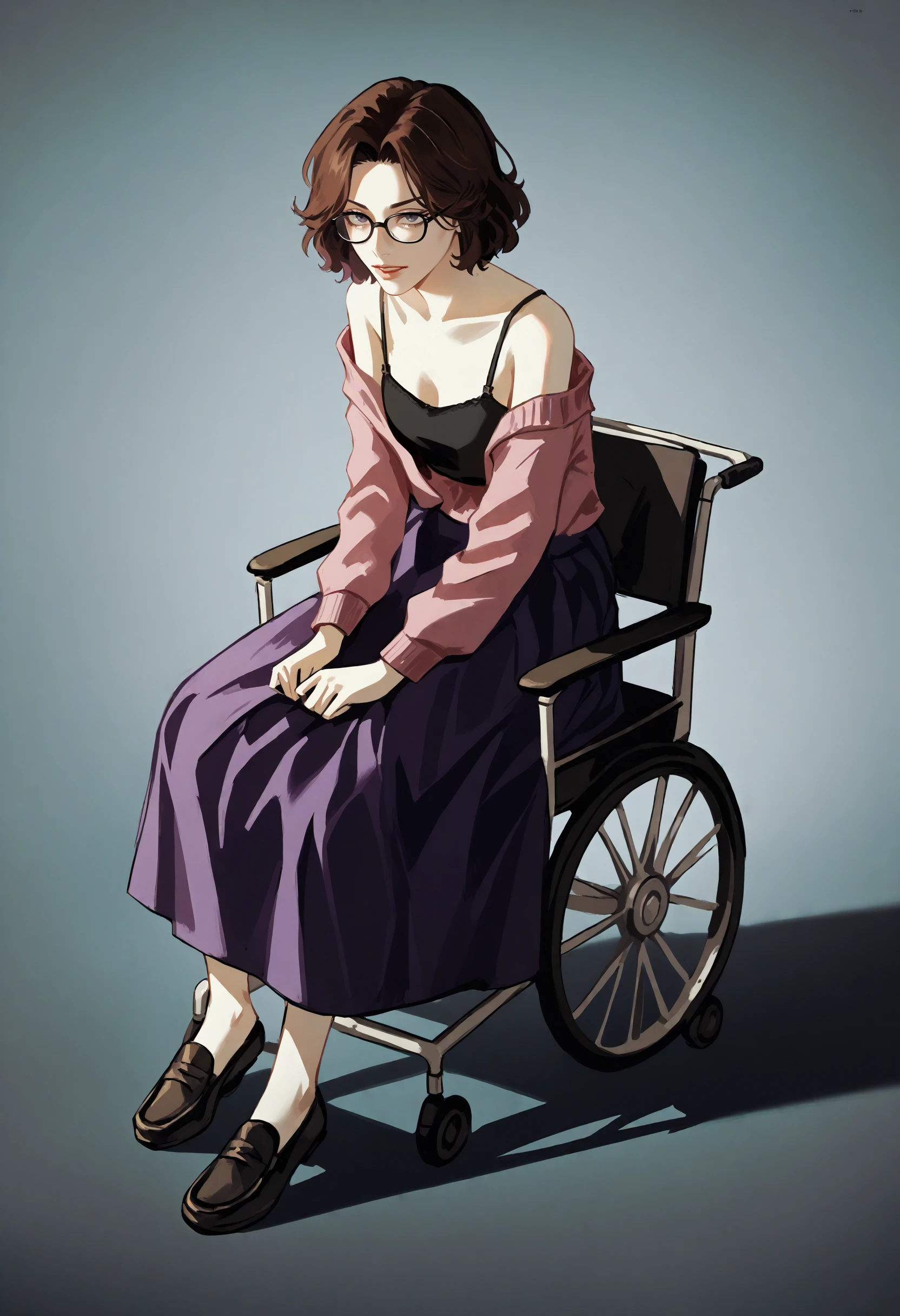 score_9, score_8_up, score_7_up, score_6_up, score_5_up, score_4_up,
BREAK
1girl, olivia funger, brown hair, short hair, black-framed eyewear, grey eyesm, wavy hair,
BREAK
sitting, wheelchair, black camisole, pink sweater, purple skirt, long skirt, black loafers,
BREAK
black background, simple background, dynamic pose, dark, <lora:Lunas-Uqi32-SDXL-A1:1> <lora:Lunas-Olivia-Funger-SDXL-A1:1>