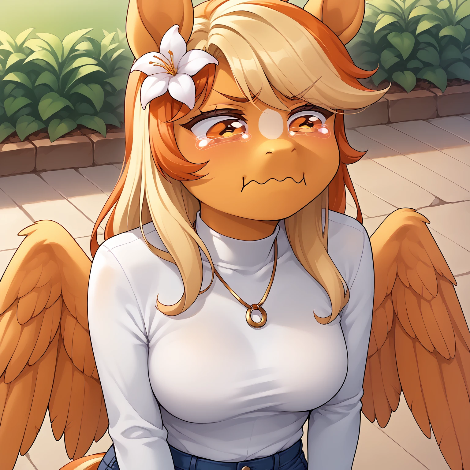 score_9, score_8_up, score_7_up, score_6_up, SFW, source_anime, (portrait), outdoors, 
BREAK
<lora:SerenityOC_XL_v.0.02-10:0.80>, SerenityOC, ((colored skin, orange skin)),  animal ears, horse ears, (anthro), 1girl, solo, orange eyes, ((multicolored hair, two-tone hair), blonde hair), orange hair, red hair, long hair, white hair flower, lily hairflower, medium breasts, necklace, wedding necklace, sweater, pants, human hands, [[feathered wings]], 
<lora:concept_aquacrying_ponyXL:1>
((aquacrying, wavy mouth, closed mouth, tearing up)),