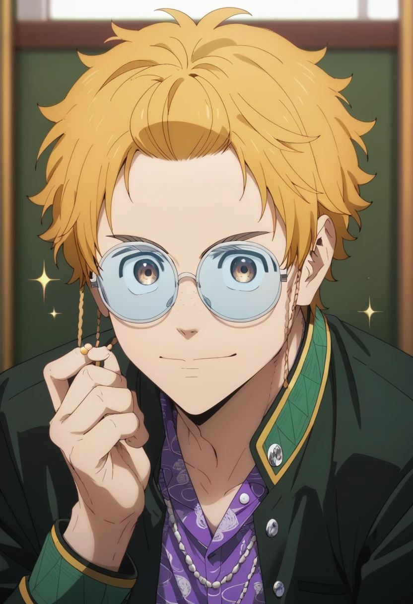 score_9, score_8_up, score_7_up, masterpiece, best quality, cute, male focus, AKIHIKO NIREI, BLONDE HAIR, BROWN EYES, glasses, purple shirt, SPARKLE<lora:EMS-362965-EMS:1.000000>