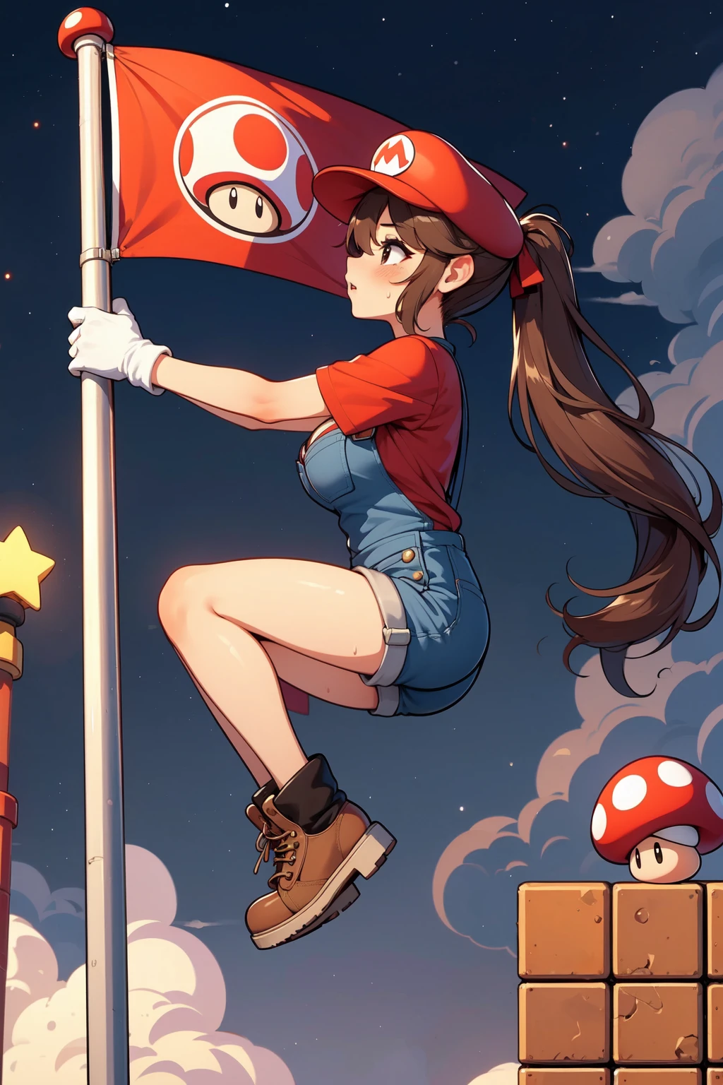 (((masterpiece))), (((best quality))), (((profile))), ((flagpole climbing)), ((mushroom logo flag)), ((at height)), mario costume, brown hair, red cap, red shirt worn under denim overalls, white gloves, brown shoes, castle, greenery, fireworks, cloudy sky, green pipes, brown stairs blocks, yellow star \(symbol\), (((night))), solo, 1girl, ponytail, absurdly long hair, ribbon, cleavage, big breasts, parted lips, sweat, shy, blush, slim figure, <lora:girllikeflagpoleclimbingmario:0.8>