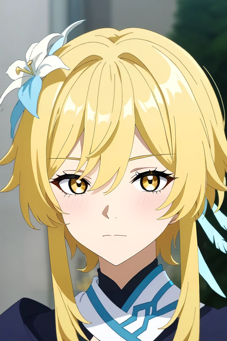 score_9, score_8_up, score_7_up, source_anime, rating_safe, intricate details, anime screencap, anime coloring, official style, looking at viewer, , depth of field, 1girl, lumine \(genshin_impact\), blonde hair, yellow eyes, short hair with long locks, hair flower, solo, Virtual reality, Augmented reality, <lora:jigokuraku_style_pony:0.78>, jigokuraku_style, <lora:sdxl_lightning_8step_lora:1>