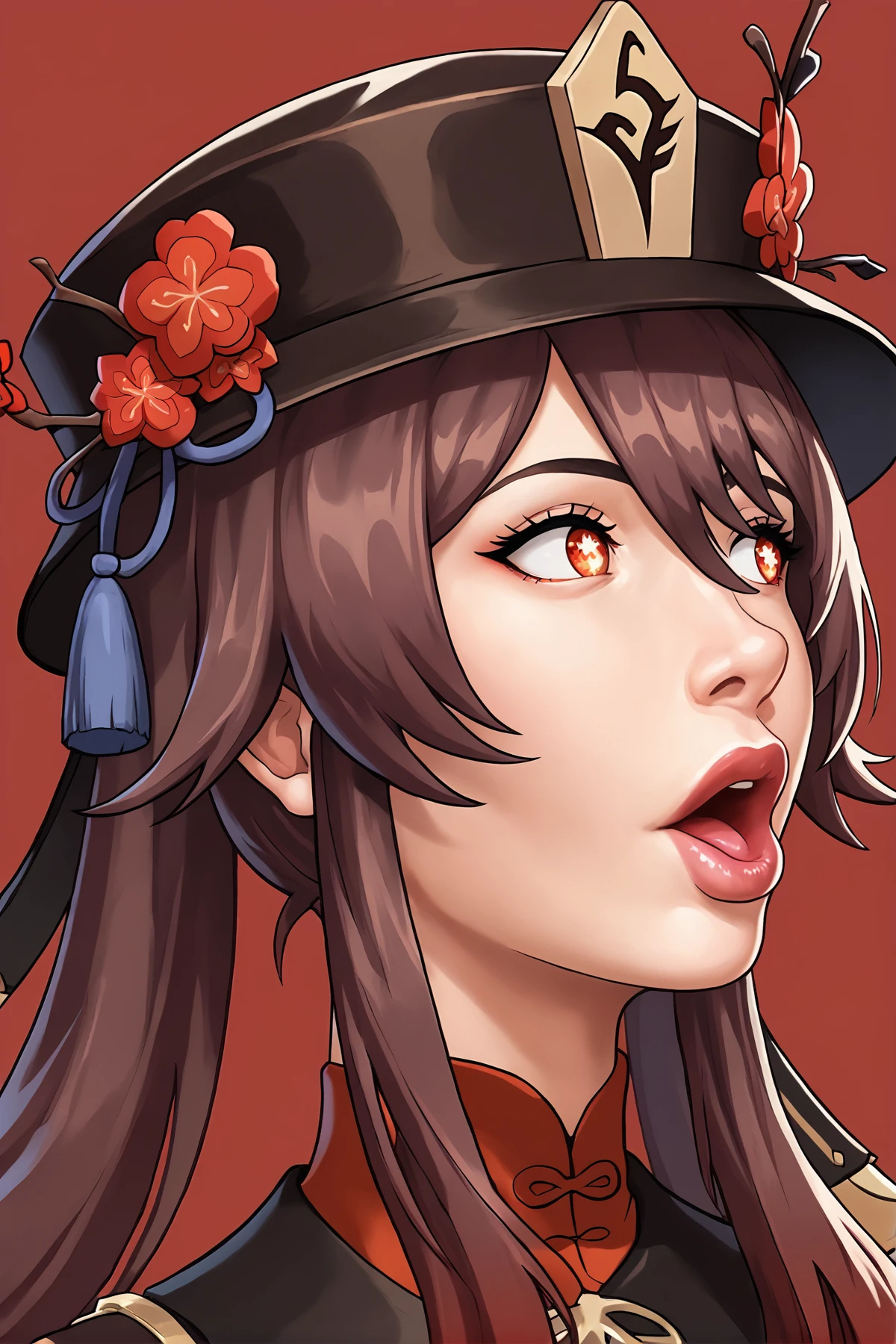 score_9, 
<lora:pog_v1_lite>, pog, open mouth, lips, looking to the side, 
hu tao \(genshin impact\), hat, 
dark red background, 
high resolution, Masterpiece, detailed