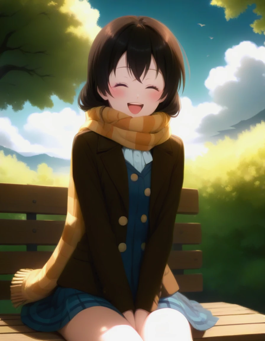 score_9,score_8_up,score_7_up,perfect eyes,1girl,kosaki_onodera(nisekoi),:d,bench,blush,brown_hair,buttons,closed_eyes,cloud,day,jacket,long_hair,open_mouth,outdoors,own_hands_together,scarf,sitting,skirt,smile,solo,tree,<lora:kosakionodera-nisekoi-xl:0.7>,