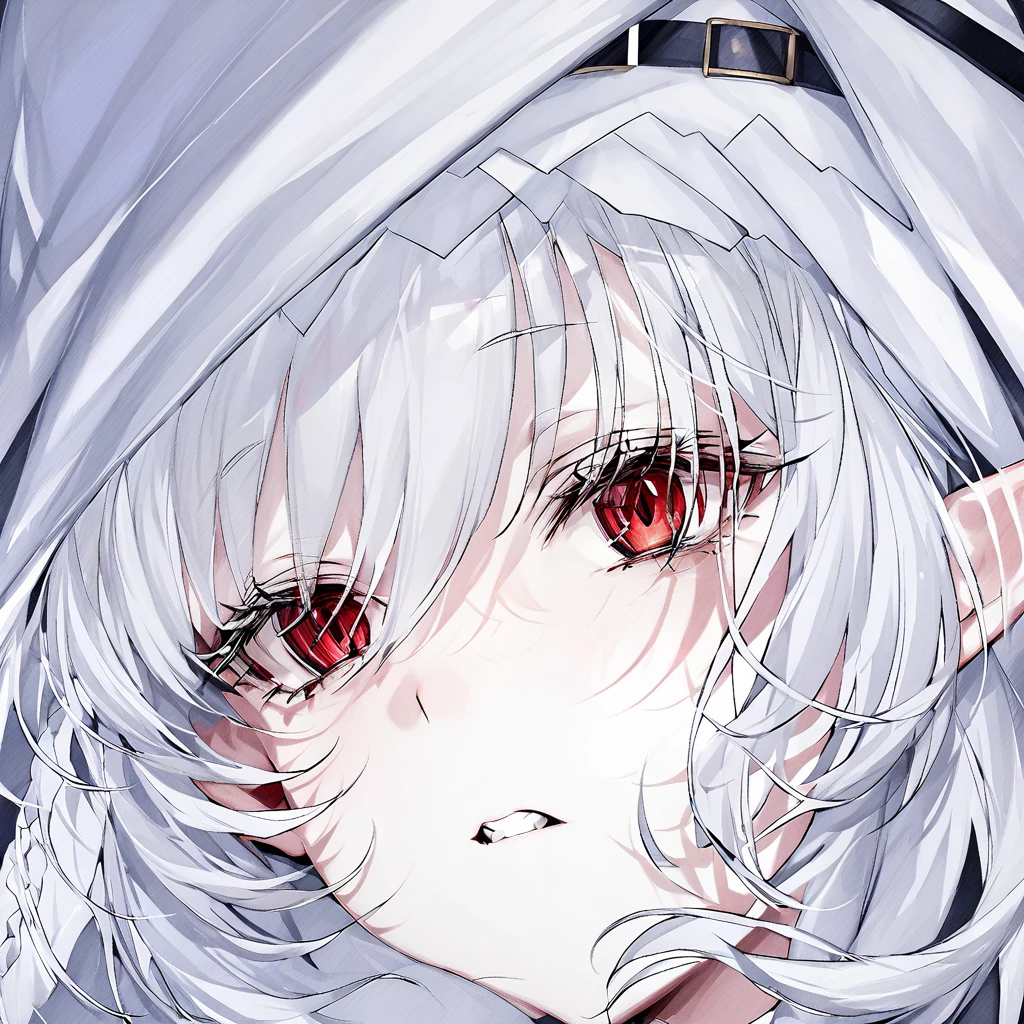1girl, bangs, bar censor, censored, eyebrows visible through hair, eyelashes, face, hair between eyes, looking at viewer, red eyes, silver hair, simple background, solo, teeth ,     <lora:Chuzenji-v1:1>