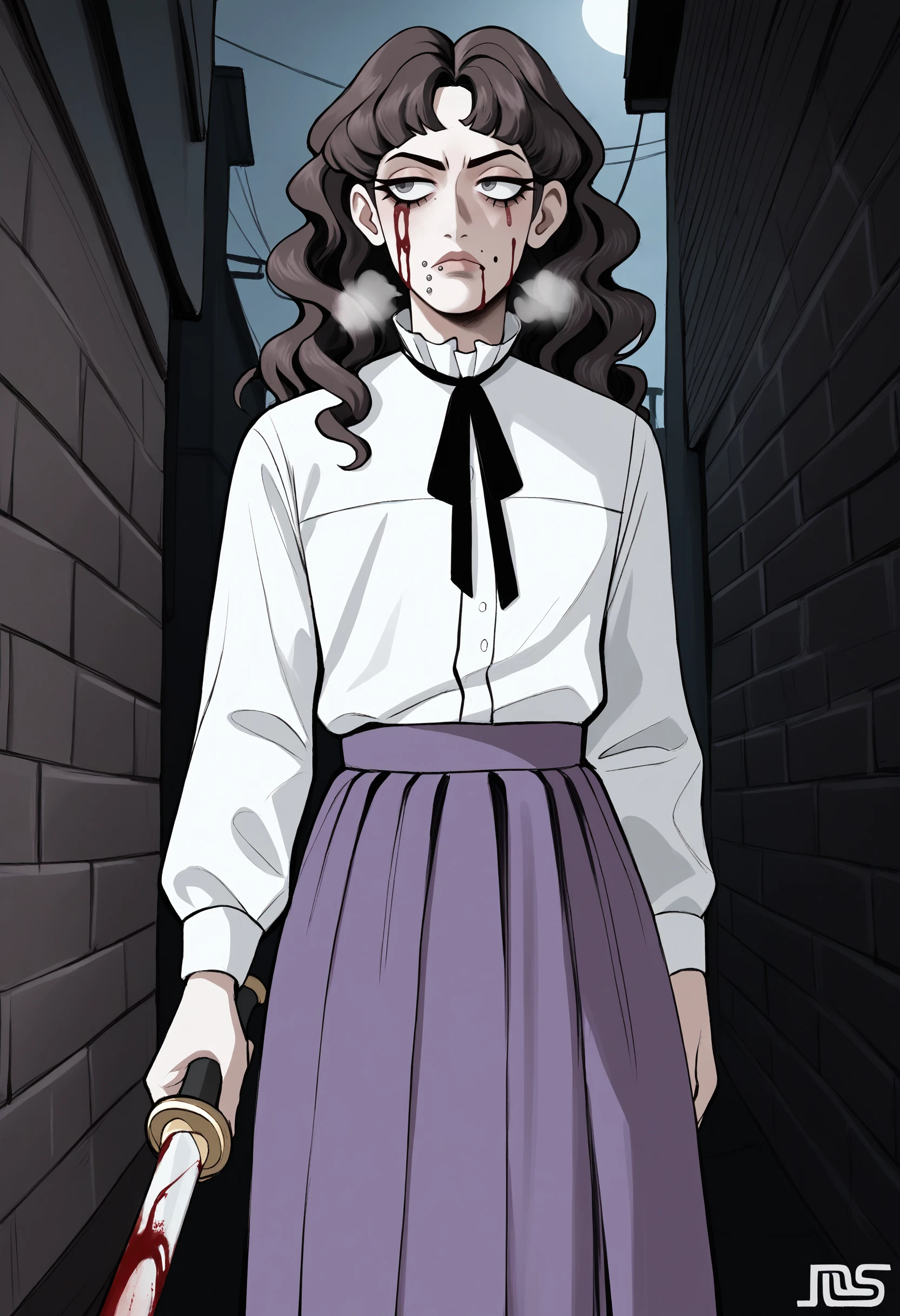score_9, score_8_up, score_7_up, score_6_up, score_5_up, score_4_up,
BREAK
1boy, otoko no ko, femboy, trap, marina funger, dark brown hair, wavy hair, curly hair, dark grey eyes, long eyelashes, mole under mouth, mouth piercing, black neck ribbon, serious, heavy breathing, exhausted, sweat, blood on face,
BREAK
solo, white shirt, purple skirt, long skirt, holding sword,
BREAK
alley, overcast, night, behind cover, looking away, black background, dynamic pose, dark, <lora:Lunas-Marina-Funger-SDXL-A2-000004:1> <lora:Lunas-Namespace-LewdCactus64-SDXL-A1:1>