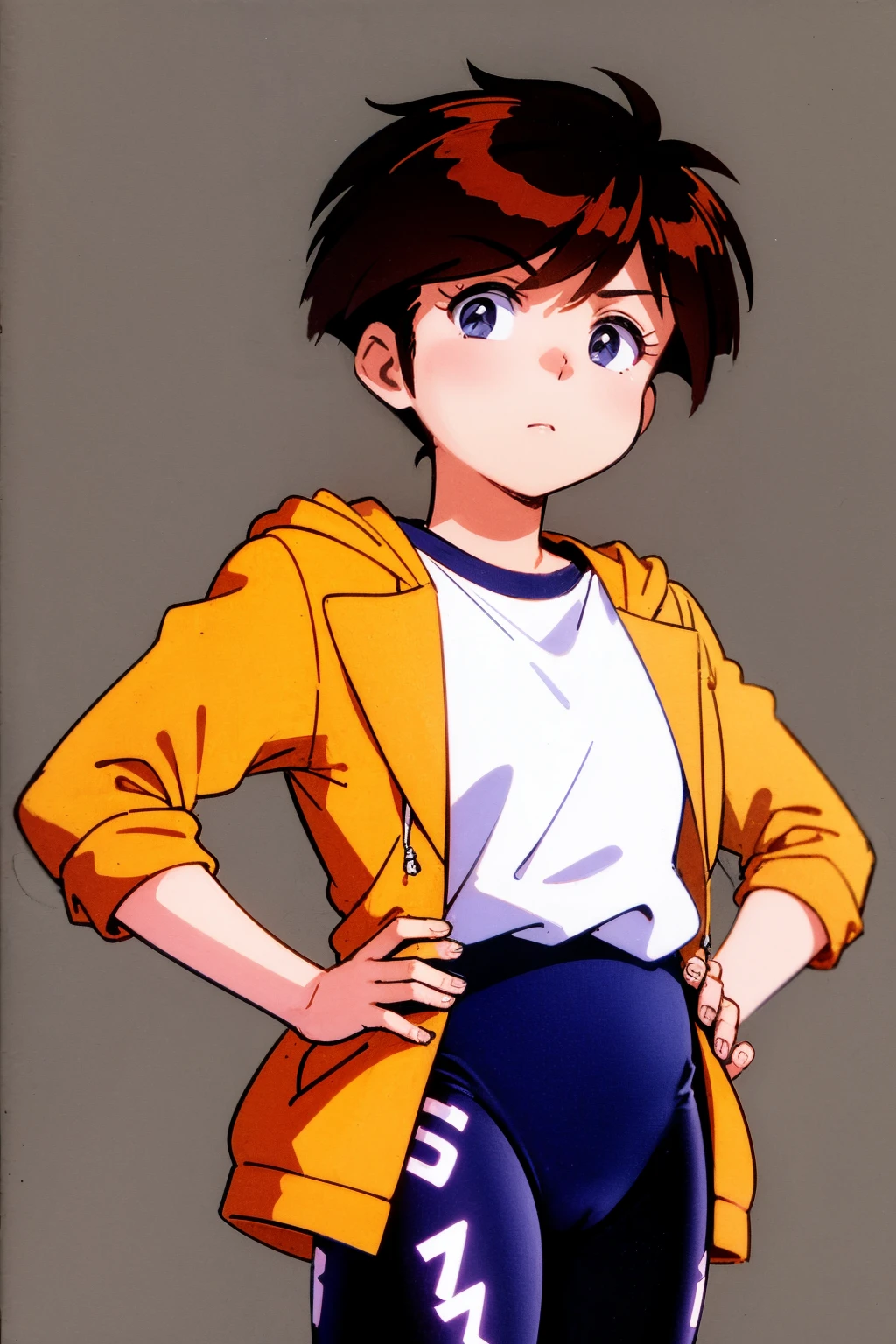 masterpiece, best quality,
1girl, isamihanaoka, brown hair, short hair, blue eyes, open jacket, yellow jacket, sleeves rolled up, shirt, bike shorts,
hands on hips, upper body, solo, looking at viewer, simple background, solid grey background <lora:IsamiHanaoka:1>