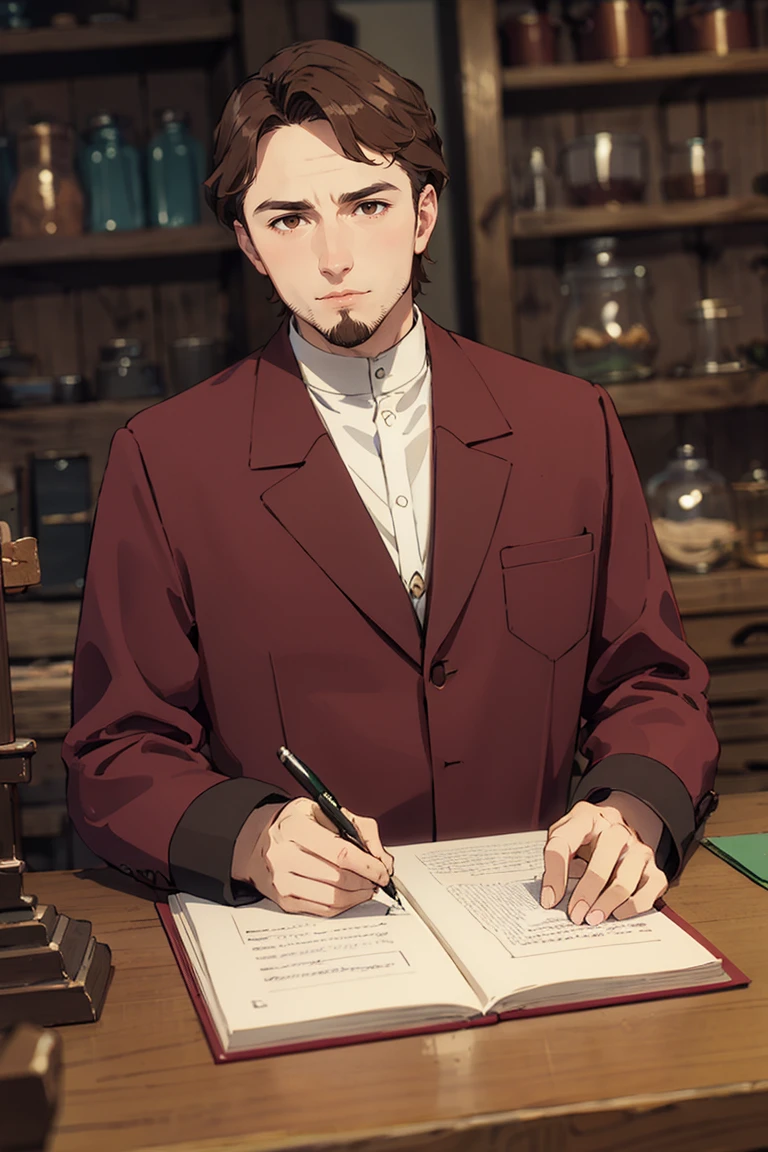 solo male, Richter, dark brown hair, short hair, thin facial hair, thin stubble, brown eyes, white collared shirt, stand collar shirt, red brown coat, sitting, writing, table, shop, shelf, old magic shop, objects, quill pen, mature, handsome, calm, charming, alluring, upper body, perfect anatomy, perfect proportions, best quality, masterpiece, high_resolution, dutch angle, photo background<lora:EMS-362376-EMS:0.700000>