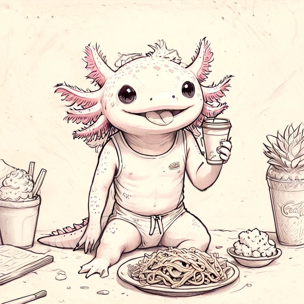 (pencil sketch of:1.5) 2d,  <lora:axomodel2:1>  axomodel2,  axolotl wearing swim trunks clothing,  eating coffee food,