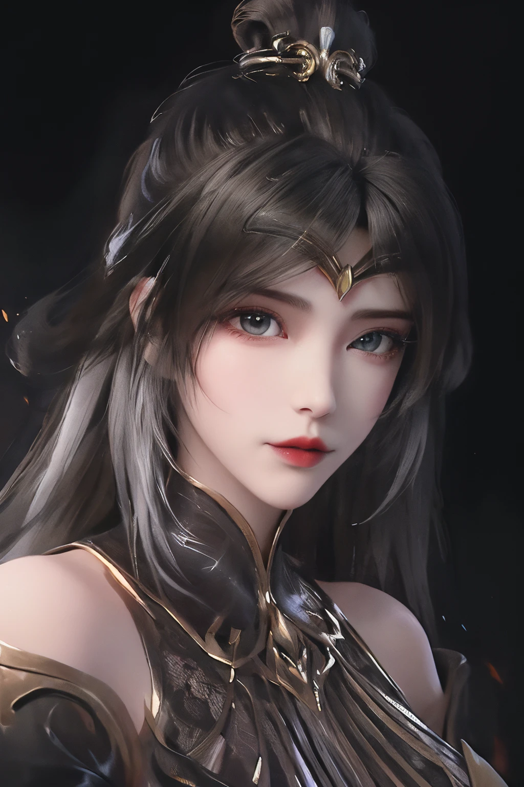 <lora:monv:1>,monv,1girl,solo,black hair,blue eyes,looking at viewer,highlights,lips,long hair,gold ornament,(white hair:1.2),(streaked hair:1.2),multicolored hair,circlet,closed mouth,eyelashes,portrait,realistic,makeup,blurry,hair ornament,frills,
(beautiful detailed eyes:1.2),black background,<lora:Freehand_Brushwork:0.5>,detached sleeves,(inkblot:1.3),ink,waterpaint,, best quality , masterpiece, illustration, an extremely delicate and beautiful, extremely detailed ,CG,unity,8k wallpaper, Amazing, finely detail, masterpiece, best quality,official art,extremely detailed CG unity 8k wallpaper,absurdres, incredibly absurdres, huge filesize , ultra-detailed, highres, extremely detailed,beautiful detailed girl, extremely detailed eyes and face, beautiful detailed eyes,light on face,