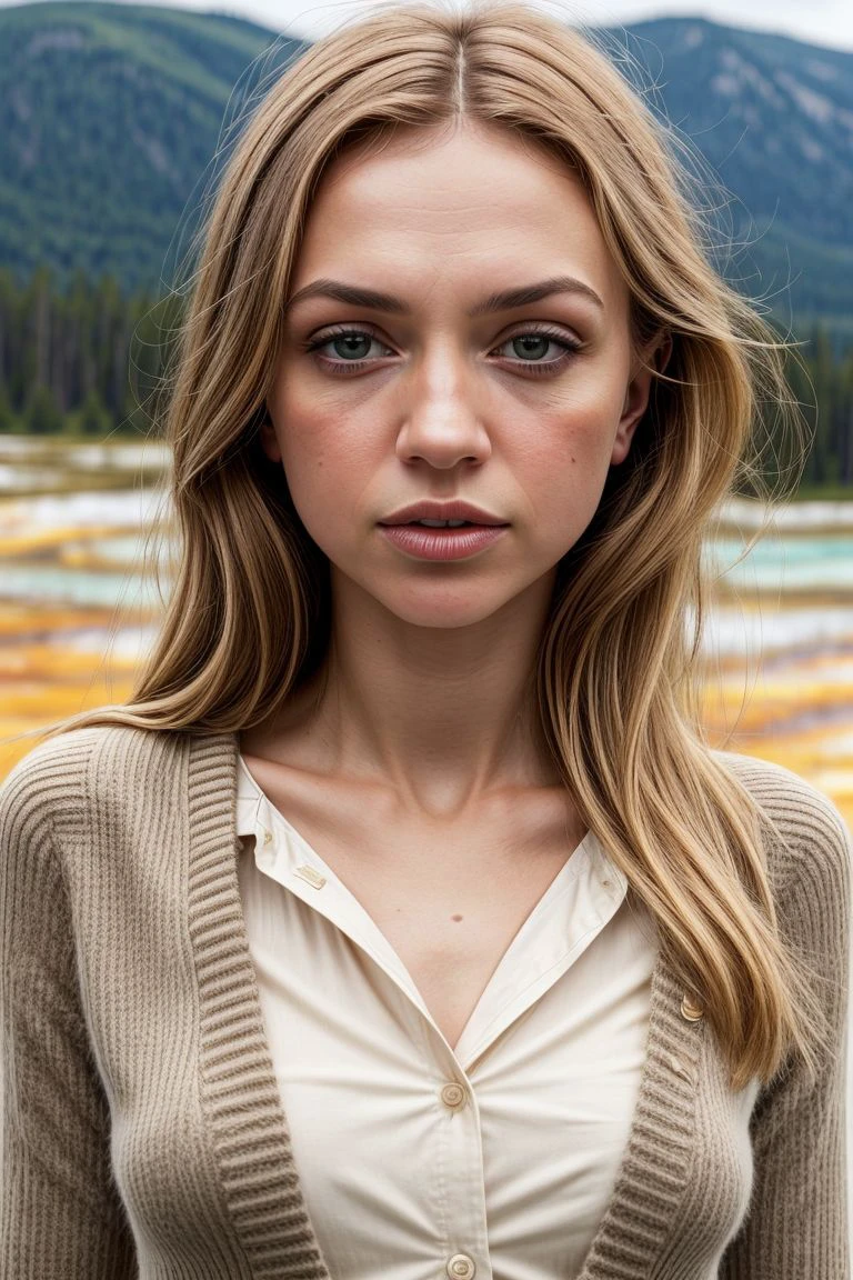 European woman, closeup, (shirt), pants, (yellowstone), (), ZM_debora , wide shoulders, perfect face, (contact iris: 1.1), pale skin, skin pores , depth of field