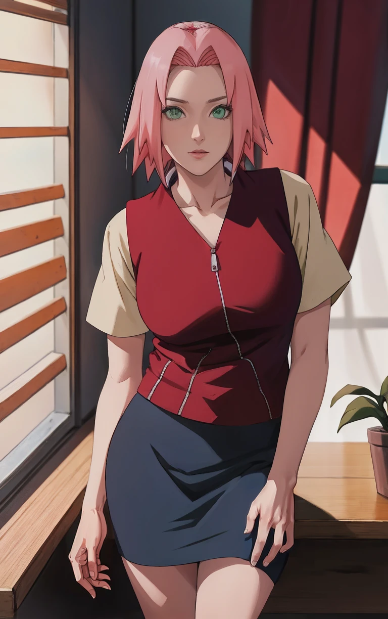 NARUTO_Sakura_Casual_ownwaifu,
1girl, haruno sakura, short hair, pink hair, green eyes, parted bangs, hair intakes, flat chest, collarbone,
short sleeves, sleeveless jacket, red vest, vest, red shirt, blue skirt, pencil skirt, zipper, zipper pull tab,
<lora:NARUTO_SakuraHaruno_ownwaifu:0.8> ,
((masterpiece)),((best quality)),(highres, absurdres), original, official_art, chromatic_aberration, bokeh, depth_of_field, window, wisteria, loaded_interior, dappled sunlight, sunset, sunbeam, indoors, window_shade, window_blinds, curtains, potted_plant, focused, looking at viewer, solo, cowboy shot,