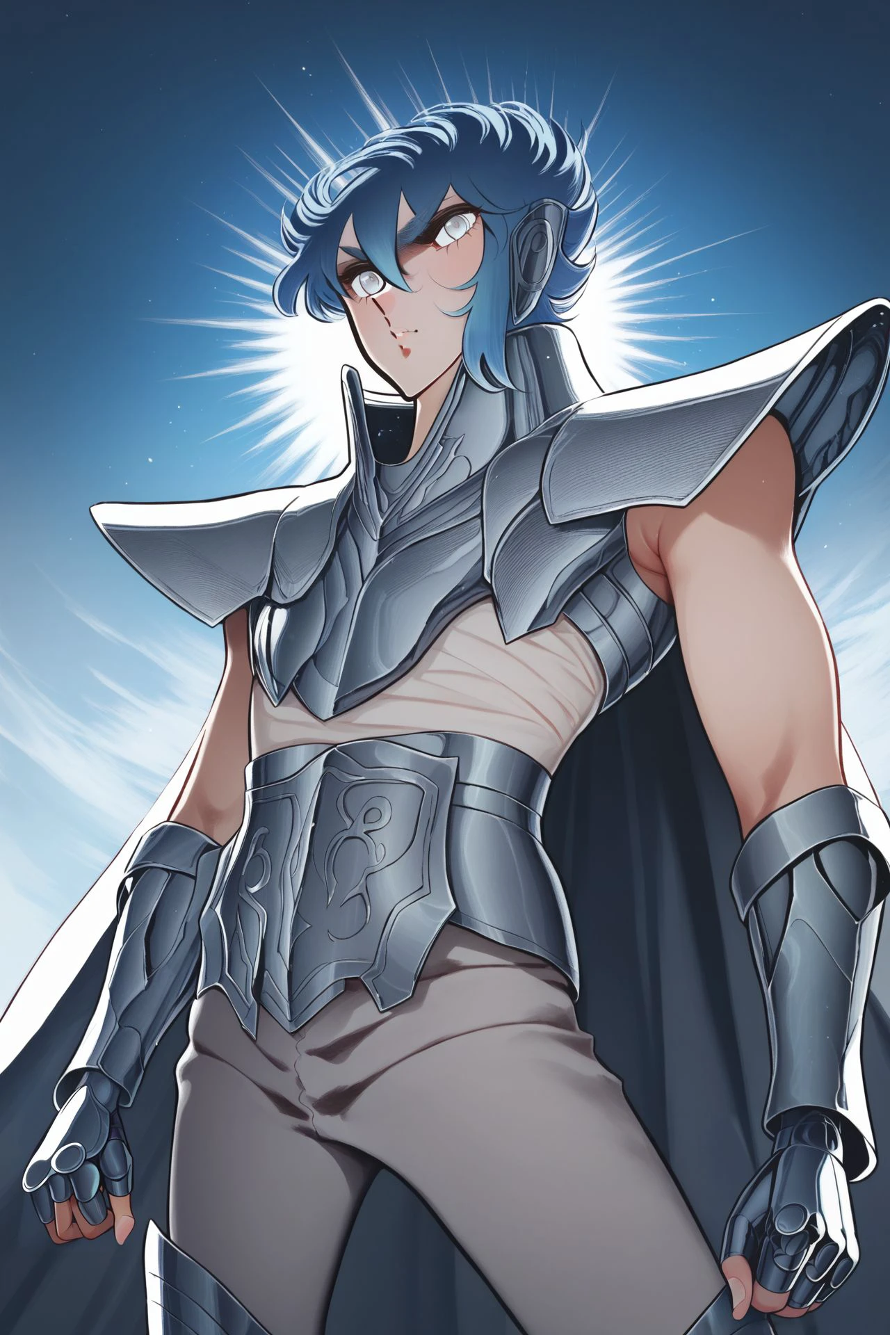 score_9, score_8_up, score_7_up, 1boy, light_blue hair, silver eyes, dark_grey armor, cape <lora:Masami_Kurumada_PonyXL_style_v01.10.025:1>