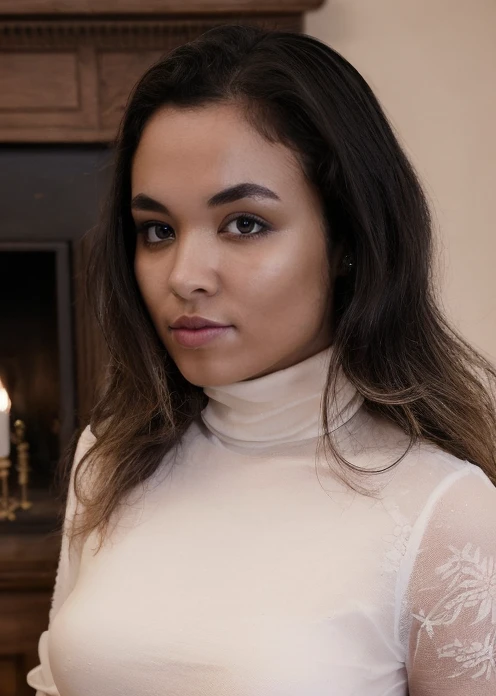 full body of A captivating masterpiece of an woman, (((dressed in a turtleneck Blouse))), The intricate lace and gold details exude a very rebellious aura. ((A bold and daring makeup look)). ((The use of high-shine gloss adds a touch of glamour to the look)), the background is a dark old manor room with fireplace only giving light to room, architecture creating a exigent atmosphere, low-key photography:1.3, one rim side light, narrow lighting,, only one light source, facing camera, shallow depth of field, <lora:MS_Ciel_V1_32:0.8>