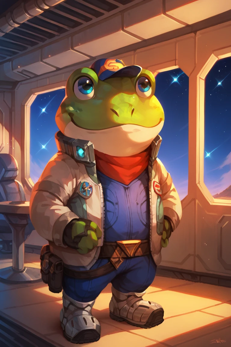 score_9, score_8_up, score_7_up, <lora:Slippy_Toad:1> slippy toad, inside spaceship, stars \(sky\), arms crossed, smile, standing