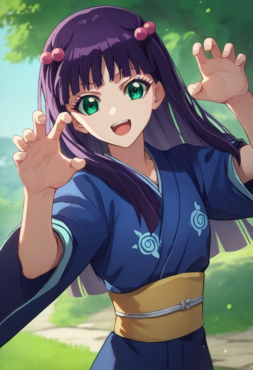 score_9, score_8_up, score_7_up, source_anime, medium portrait of ben1o, benio adashino, 1girl, solo, purple hair, long hair, green eyes, hair ornament, bangs, hair bobbles, happy, dynamic pose, japanese clothes, outdoors, lush background, looking at viewer  <lora:ben1oXL:1>