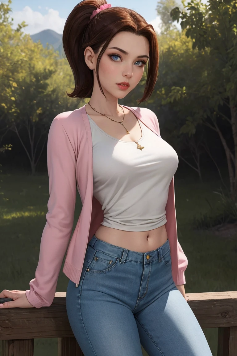 KittyPryde_Dress_ownwaifu,
1girl, brown hair, ponytail, necklace, jewelry, blue eyes,  lipstick,long sleeves, lips, long hair, 
pants, jeans, denim,  cardigan,  makeup,red lips, hair ornament, breasts, shirt, blue pants, navel, capri pants, medium breasts, pink jacket, blush, hair bun, scrunchie, 
<lora:CARTOON_X_MEN_Evolution_KittyPryde_ownwaifu:0.65> 
(masterpiece),(best quality),(highres),(extremely detailed CG unity 8k wallpaper), cowboy shot, looking at viewer, solo, focused, outdoors, day,