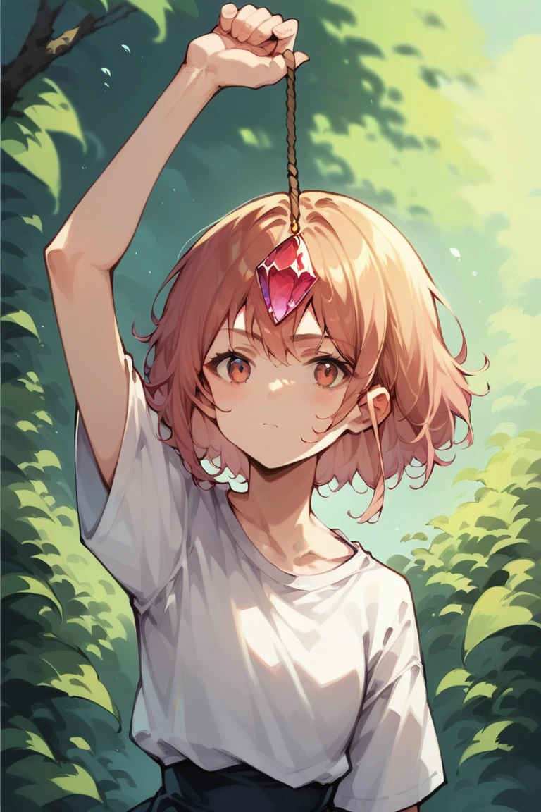 score_9, score_8_up, score_7_up, source_anime, <lora:crystal_hypno_16:0.5> gem on string,
1girl, holding, arm up