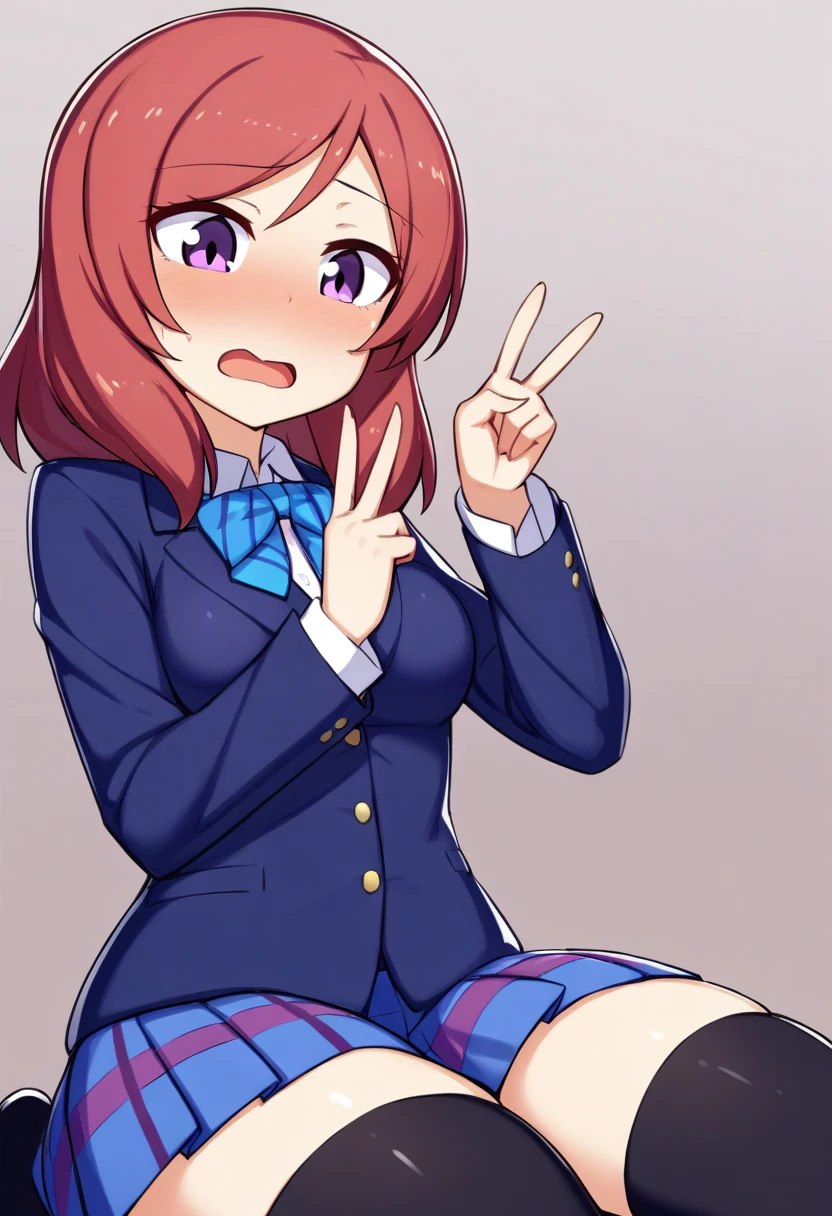 abmayo, 1girl, solo, nishikino maki, purple eyes, upper body, otonokizaka school uniform, kneeling, v
