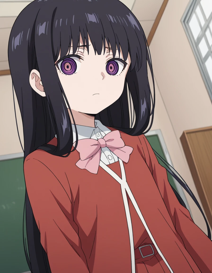 score_9, score_8_up, score_7_up, source_anime,
otoadashino, <lora:oto-adashino-s1-ponyxl-lora-nochekaiser:1>,
oto adashino, long hair,  bangs, black hair, very long hair, purple eyes, ringed eyes,
skirt, shirt, long sleeves, bow, school uniform, jacket, white shirt, bowtie, red skirt, pink bow, red jacket, pink bowtie,
indoors, classroom,
looking at viewer, cowboy shot, solo, dutch angle,