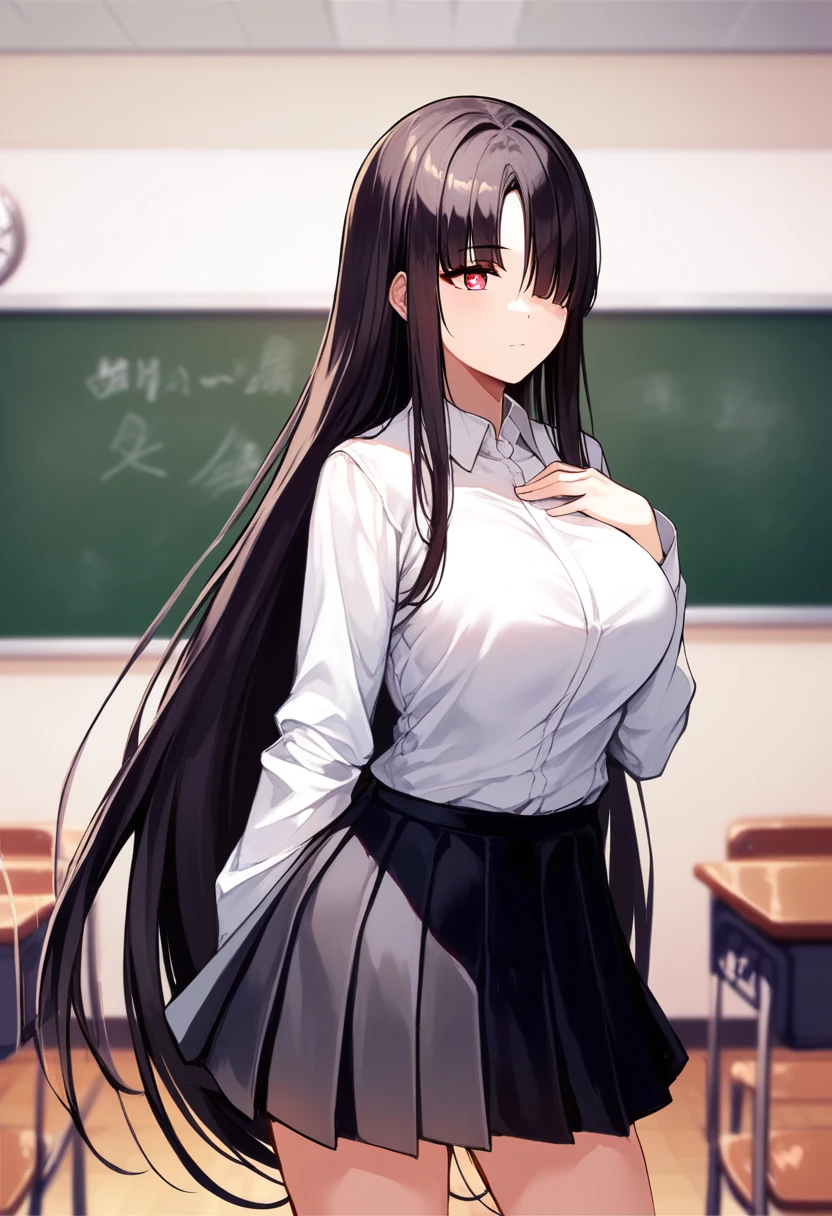 score_9, score_8_up, score_7_up, source_anime, 1girl, solo, <lora:ouyang xueli v2:1>, hair over one eye, shirt, white shirt, facing away, expressionless, very long hair, long sleeves, black skirt, pleated skirt, black hair, bangs, large breasts, standing, red eyes, star-shaped pupils, hand on own chest,
indoors, classroom,