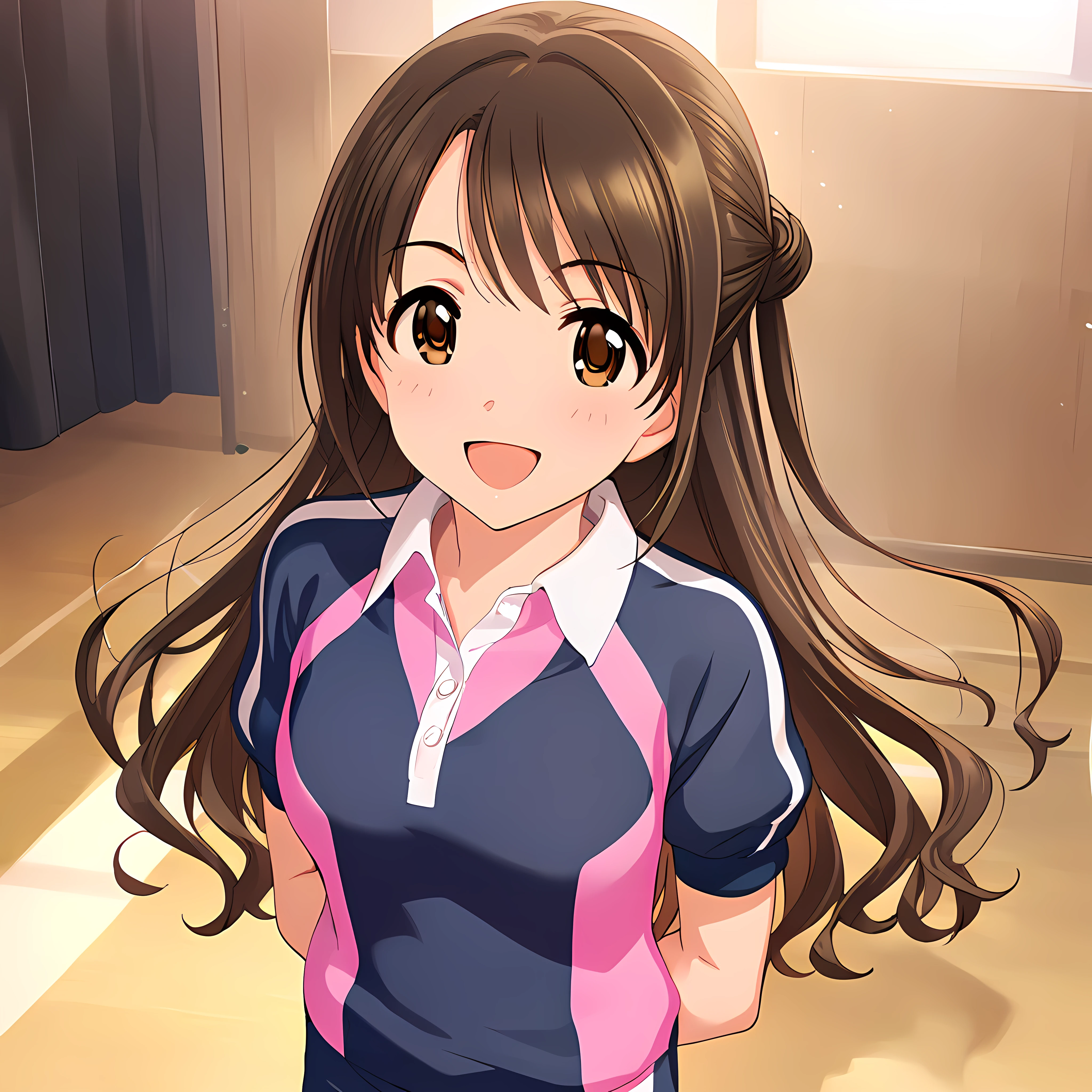 (masterpiece),(best quality),(ultra-detailed),(best illustration),(best shadow),(absurdres),(detailed background),(very aesthetic),uzuki shimamura, trainingoutfit, 1girl, solo, brown hair, long hair, brown eyes, sportswear, open mouth, smile, black background, arms behind back <lora:uzukishimamurav1:1>