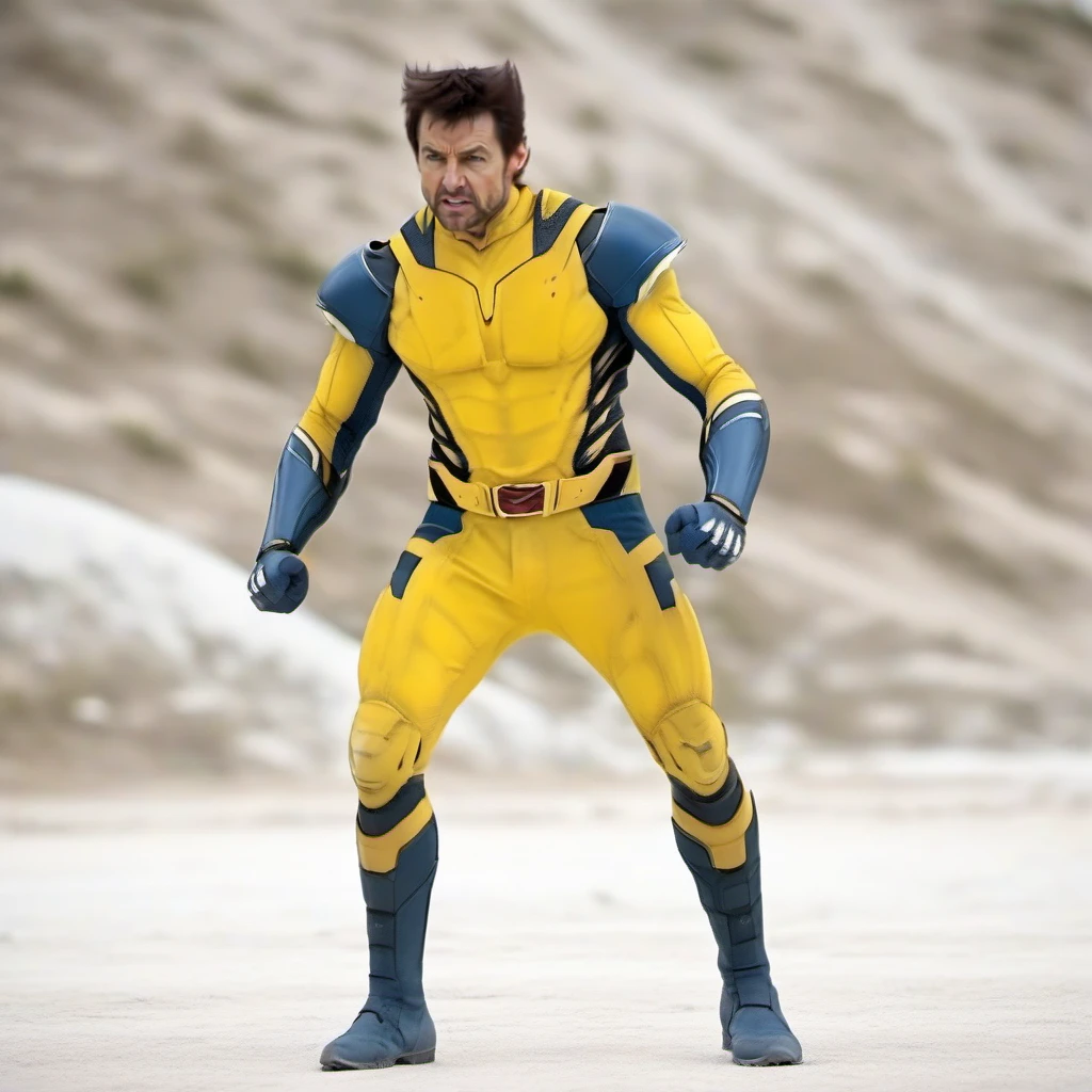 cinematic photo full body tom cruise in a yellow and blue bodysuit, wolverine claws, fight poses <lora:Wolverine2024-1024:0.9> . 35mm photograph, film, bokeh, professional, 4k, highly detailed