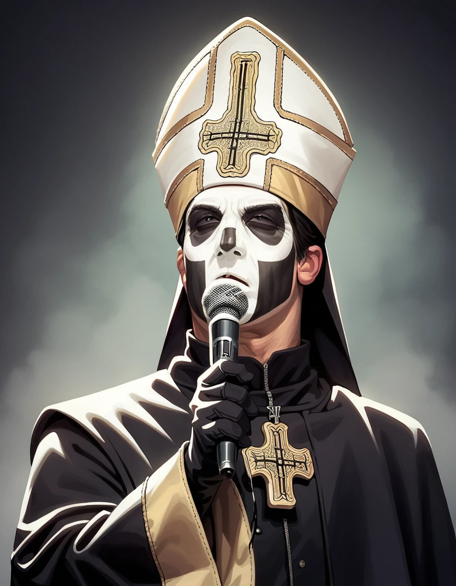 score_9, score_8_up, score_7_up, score_6_up, score_5_up, score_4_up, best quality, anime, upper body, 1boy, solo, short black hair, hud_p4p4_3, black robe, wide sleeves, mitre, priest, black gloves, MAKEUP, facepaint, realistic, microphone, <lora:papa_emeritus_3-000008:0.8>