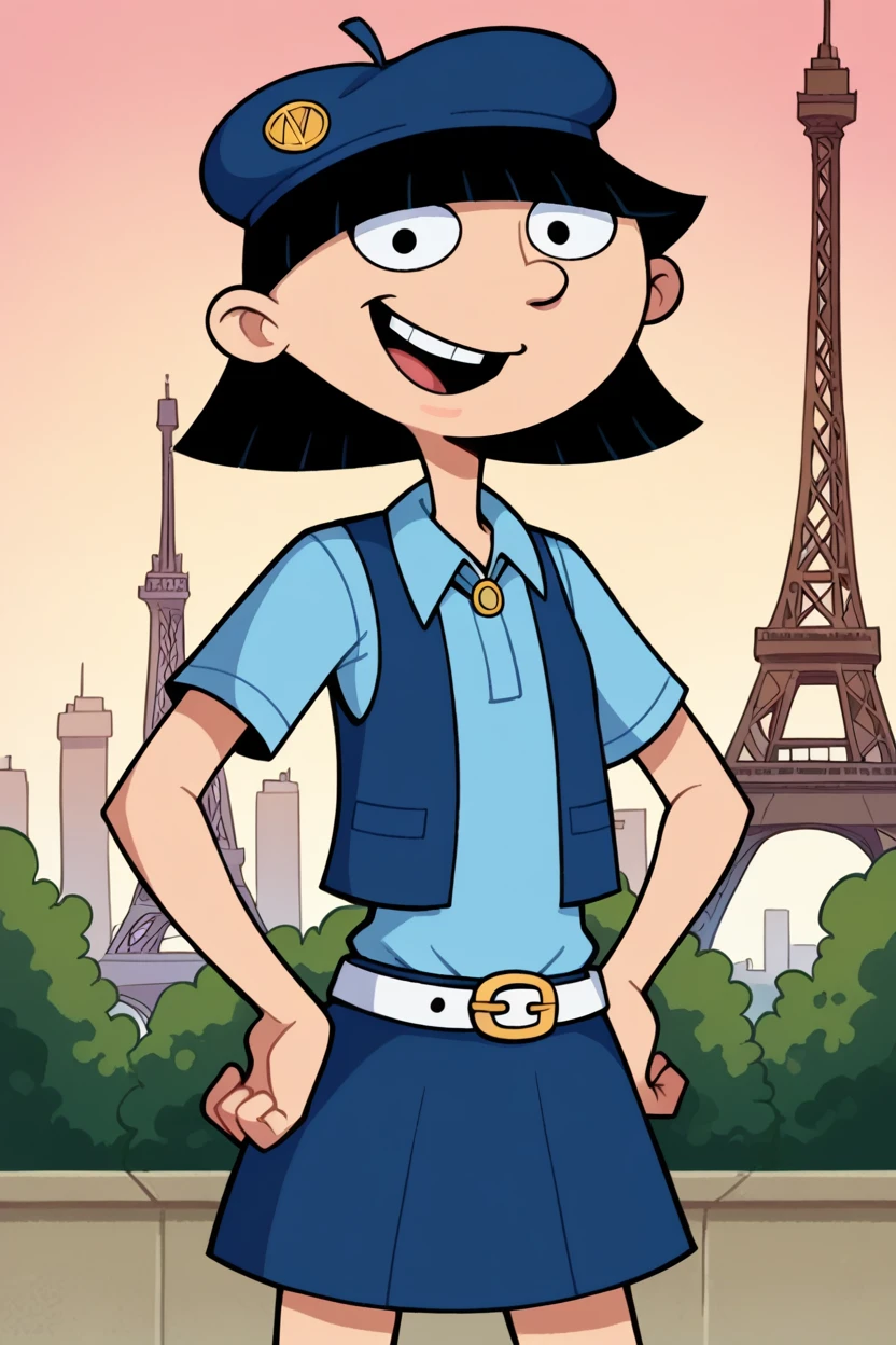 score_9_up,score_8_up,score_7_up,score_6_up,score_5_up,score_4_up BREAK rhonda,1girl,solo,black hair, black eyes, bob cut, blunt bangs,blue beret, white collared shirt, blue vest, (open vest:1.2), bolo tie, blue skirt,white belt, paris,eiffel tower, hands on own hips, smile,open mouth, flat chest, short sleeves,contrapposto, <lora:RhondaPony:1>