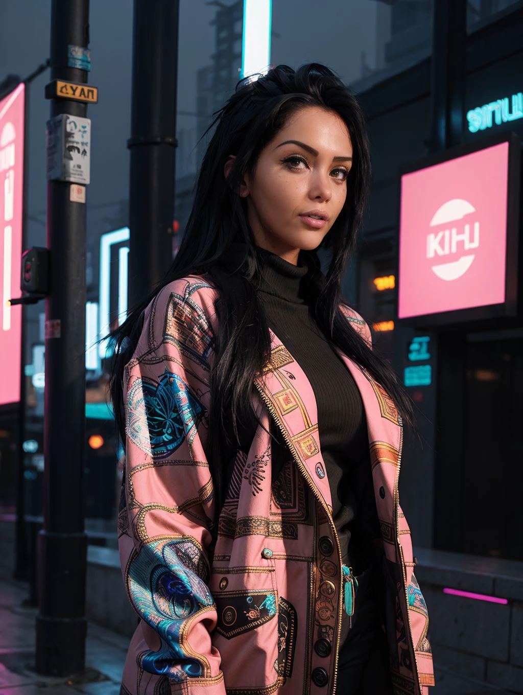 woman, coat, vaporwave style, cyberpunk city, hyperdetailed, intricately detailed, deep color, 8k resolution, photorealistic, masterpiece, cinematic lighting