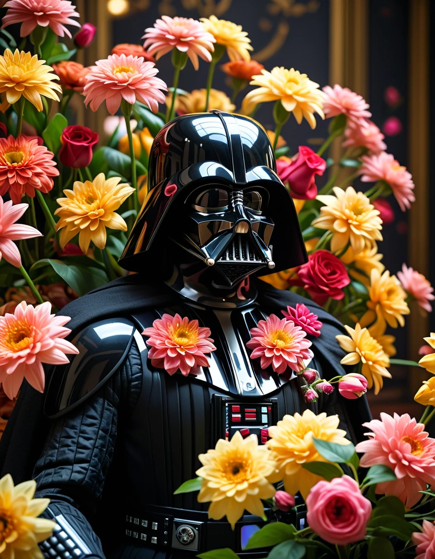 intricate floral design Vader, cinematic film still, cinematic lighting, cinematic postprocessing, flowers